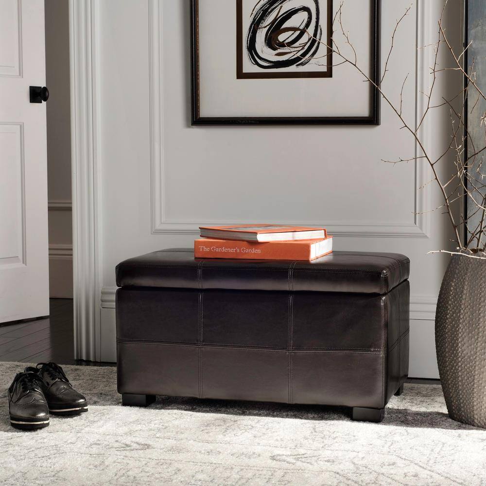 Small Brown Leather Storage Bench with Birch Wood