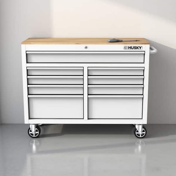 Tool Storage 46 in. W x 18 in. D 9-Drawer Gloss White Mobile Workbench Cabinet
