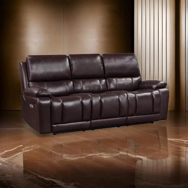 Benjara 85 in. Pillow Top Arm Leather Rectangle Cushioned Seat Recliner Sofa in Brown