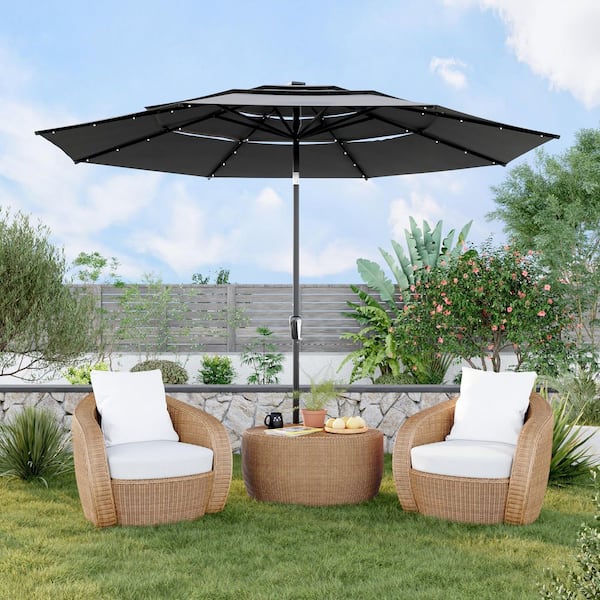FUFU&GAGA 11 ft. 3-Tier Cantilever Umbrella with 32 Solar Lights, Outdoor Patio Umbrella for Backyard, Deck, Poolside in Dark Gray