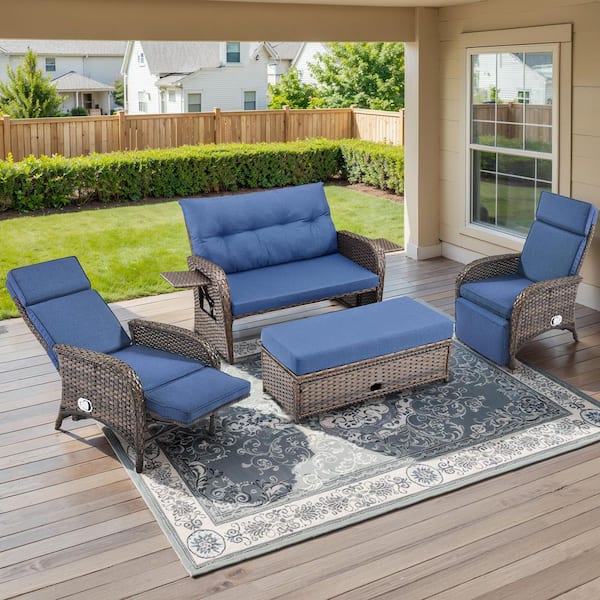 PlainCurve Brown 4-Piece Wicker Patio Conversation Set with Daybed, Recliner Chairs, and Navy Blue Cushions