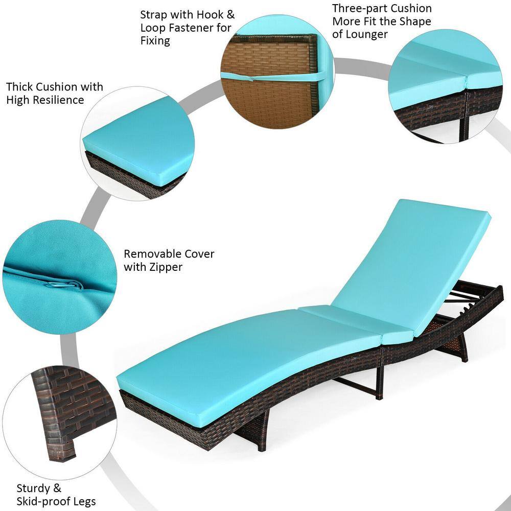 Turquoise Foam Cushion Brown Steel Frame Adjustable Outdoor Lounge Chair