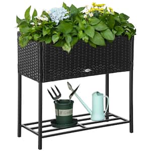 Garden Black Steel Wicker Plant Stand, Raised Bed Metal, Elevated Planter Box Rattan Stand for Vegetables Flower Patio