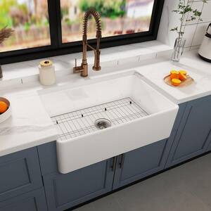 Eridanus Yorkshire Crisp White Fireclay 30 in. Single Bowl Farmhouse Apron Workstation Kitchen Sink with Accessories