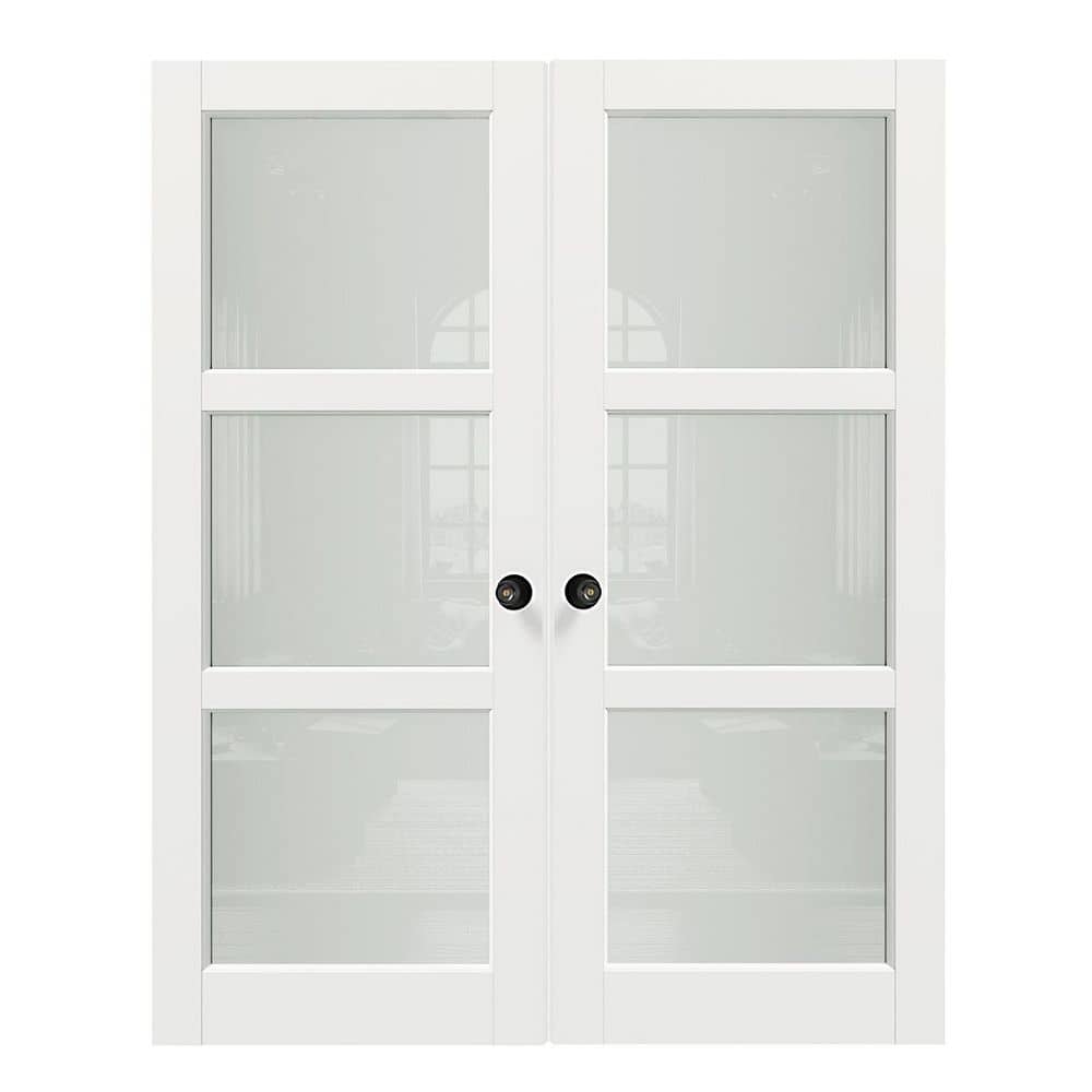 64 in. x 80 in. MDF Composite, Primed, White, 3 Lite, Frosted Glass Interior Door Slab with Black Goal Doorknob price history on PriceWatchPro