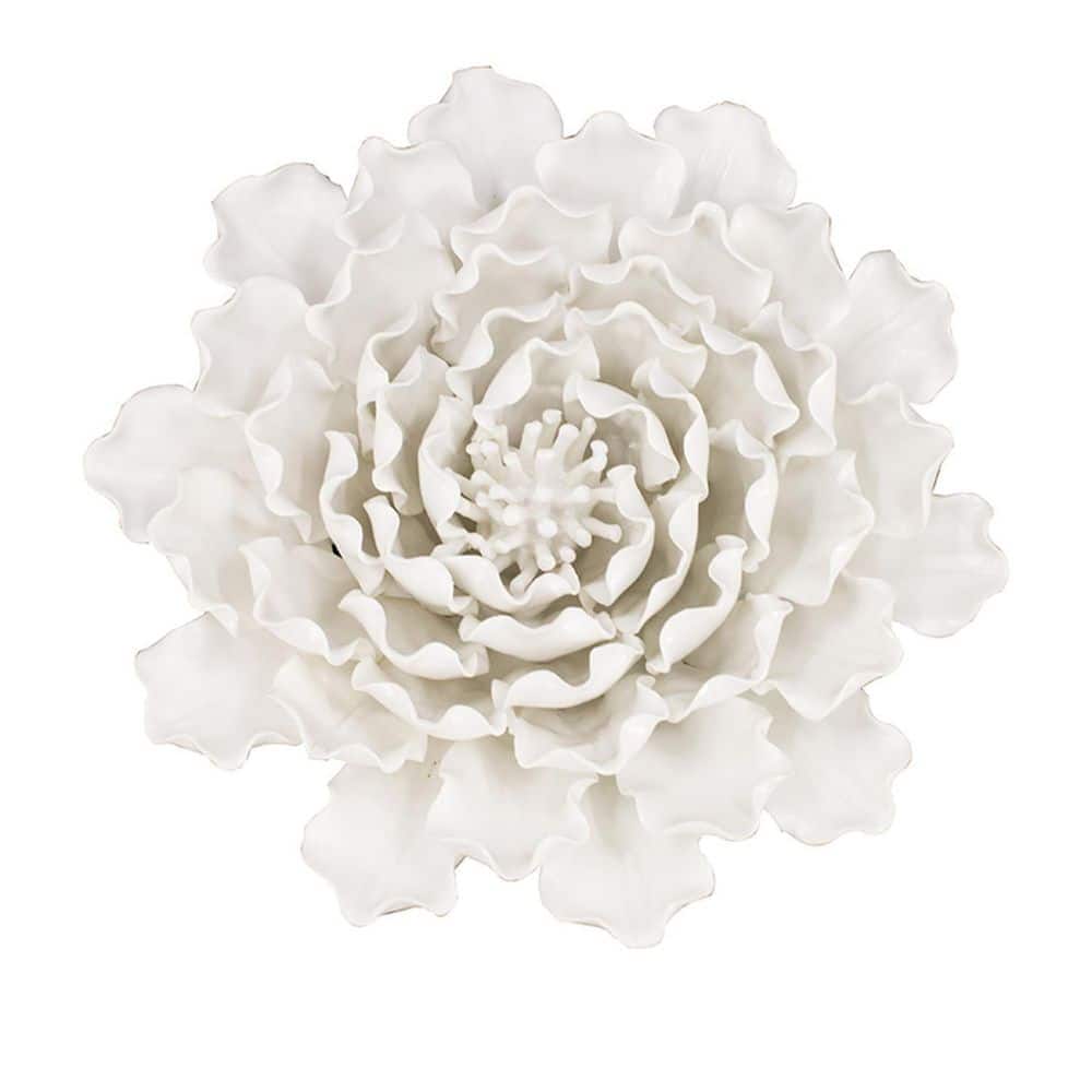 HomeRoots 9.3 in. x 9.3 in. White Sculptural Flower Ceramic Wall