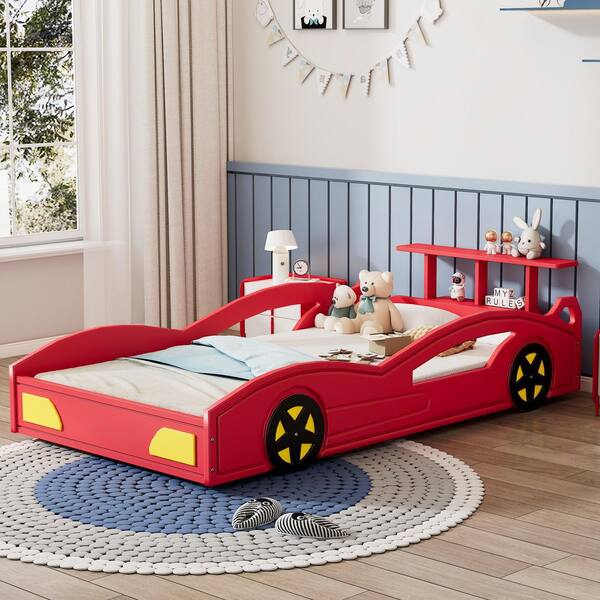 Polibi Red Wood Frame Twin Size Platform Bed with Wheels RS011