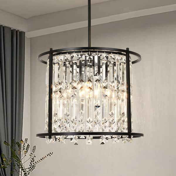 Henveton Kinlea 4 Light Black Crystal Modern Round Chandelier for Kitchen Island, Living Room and Dining Room