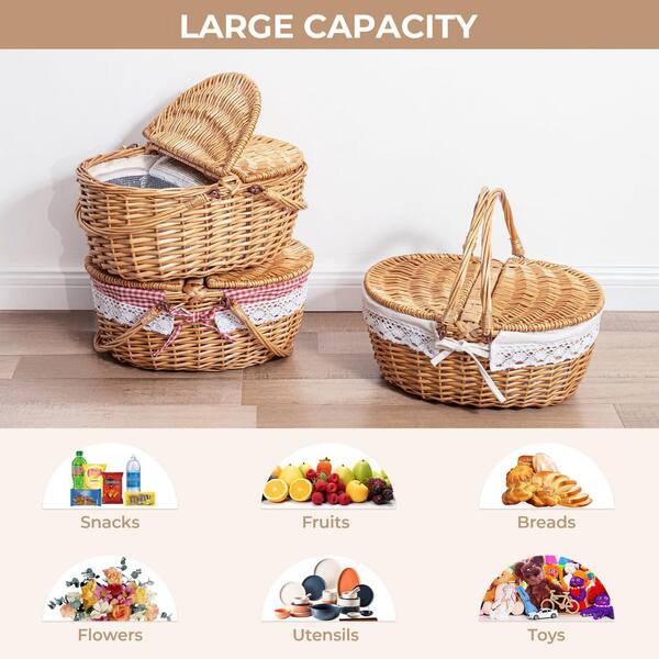 Wudkey Red Lining Natural Willow Picnic Basket with Lid and Handle