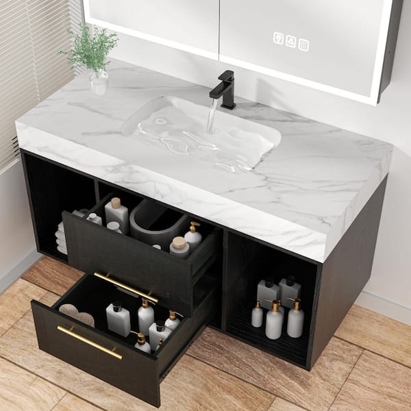 39 in. Single Sink Floating Black Bath Vanity with White Sintered Stone Top, 2 Soft Close Drawer, Gold Handles