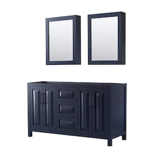 Daria 59 in. W x 21.5 in. D x 35 in. H Double Bath Vanity Cabinet without Top in Dark Blue with Med Cab Mirrors