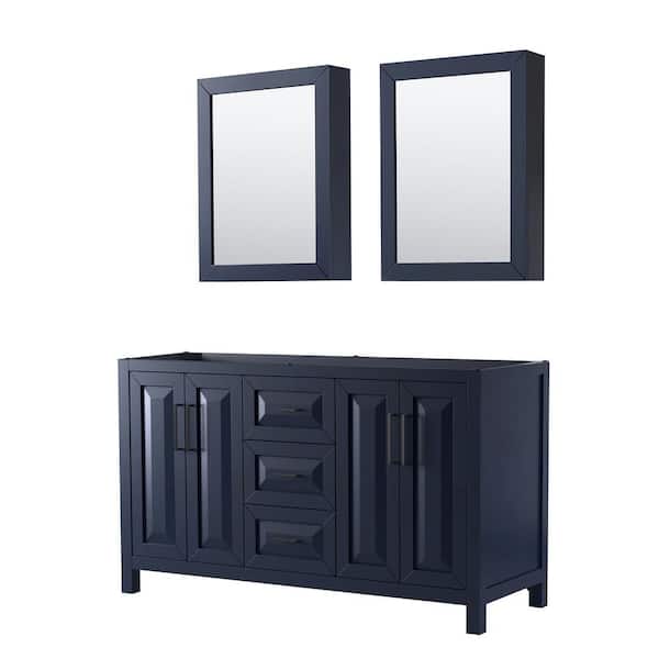 Wyndham Collection Daria 59 in. W x 21.5 in. D x 35 in. H Double Bath Vanity Cabinet without Top in Dark Blue with Med Cab Mirrors
