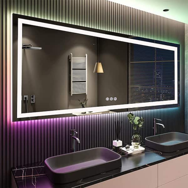 Apmir 84 in. W x 32 in. H Rectangular Frameless RGB Backlit & LED Frontlit Anti-Fog Tempered Glass Wall Bathroom Vanity Mirror