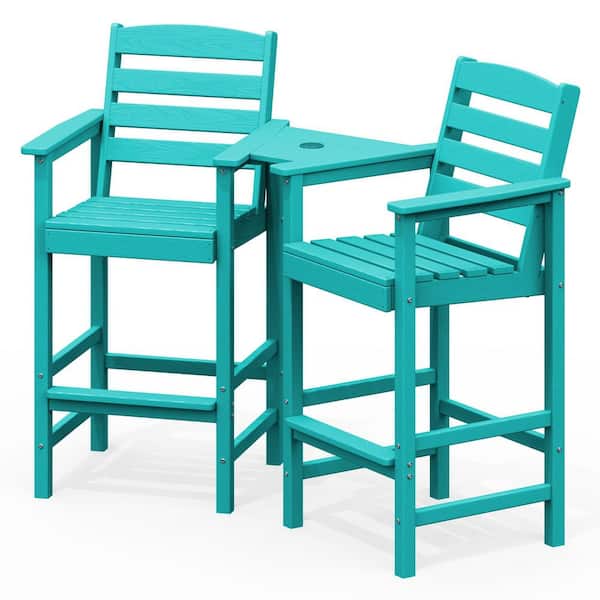 Tiffany Blue Modern HDPE Plastic Adirondack Chairs, Outdoor Bar Stools with Connecting Tray (Set of 2)