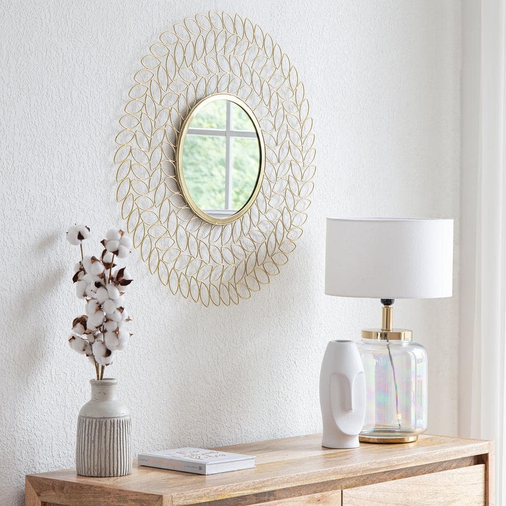 Gold Leaf Round Metal Framed Wall Mirror, 28"