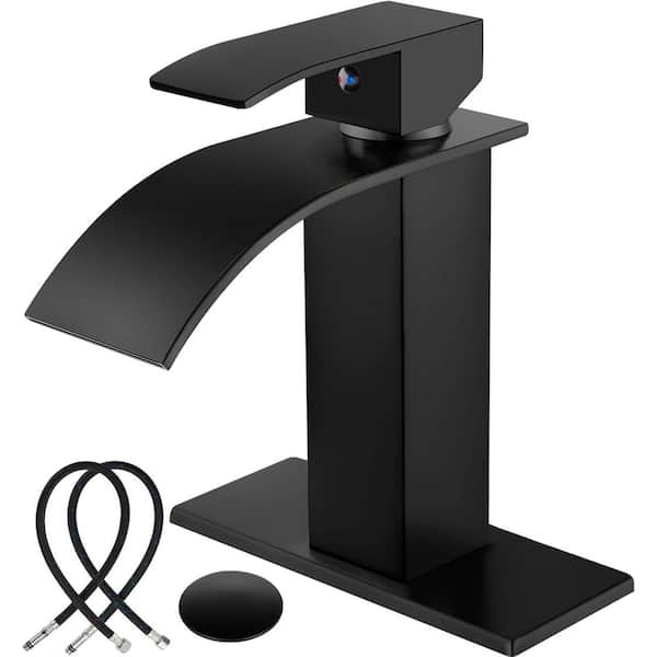 MTTCLE Single Handle Waterfll Spout Single Hole Bathroom Sink Faucet with Drain and Deck in Matte Black