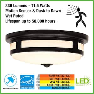 11 in. Round Black Exterior Outdoor Motion Sensing LED Ceiling Light 5 Color Temperature Options Wet Rated 830 Lumens