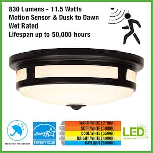 11 in. Round Black Exterior Outdoor Motion Sensing LED Ceiling Light 830 Lumens 5-Color Temperature Options Wet Rated