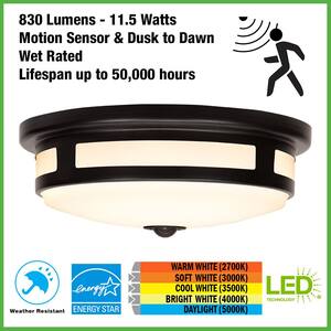 Greenhaven 11 in. 1-Light Black Motion Sensing LED Outdoor Flush Mount Light Color Selectable Ceiling Light 830 Lumens