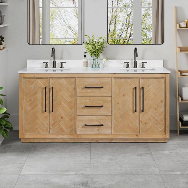 Altair Bellavia 72 in. W x 22 in. D x 34 in. H Double Sink Bath Vanity in Weathered Fir with White Engineered Stone Top