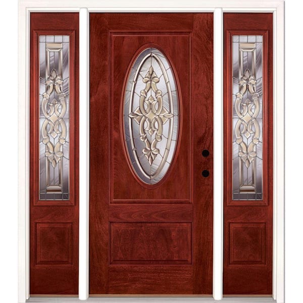 Feather River Doors 67.5 in.x81.625in.Silverdale Zinc 3/4 Oval Lt Stained Cherry Mahogany Left-Hd Fiberglass Prehung Front Door w/Sidelites