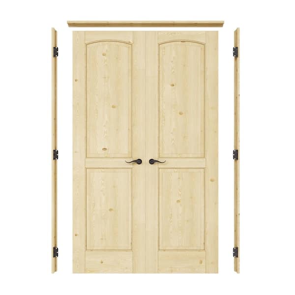 48 in. x 80 in. 2-Panel Universal Solid Core Unfinished Pine Wood Double Prehung Interior Door with Quick Assemble Jamb