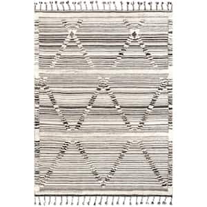 Amira Textured Modern Striped Tassel Ivory 8 ft. x 10 ft. Global Inspired Area Rug