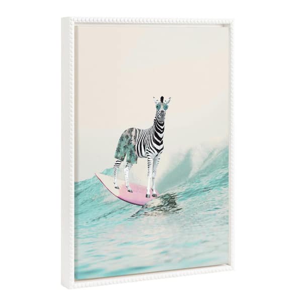 Kate and Laurel Sylvie Zebra Surfer 1-Piece White Framed Canvas Art Print, 18.00 in. x 24.00 in.