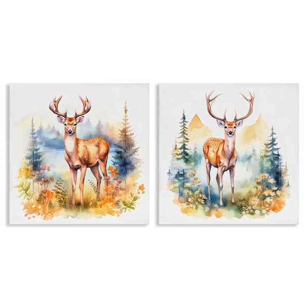 Stupell Industries Wild Deer Mountain Overlook by Andrea Haase 2-Pieces Unframed Animal Graphic Art Print 17 in. x 17 in.