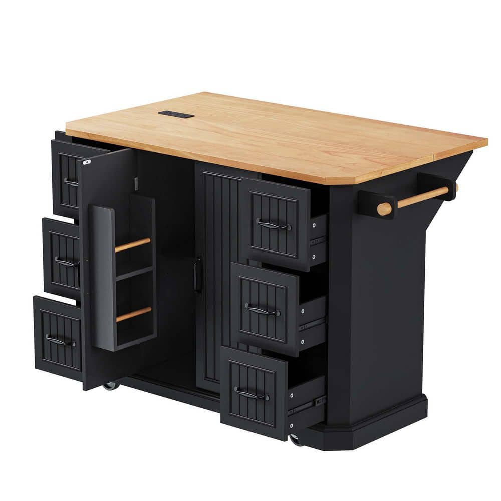 Black Wood 56 in. Kitchen Island with Drop Leaf, Power Outlet, 4-Door Shelves, 6-Deep Drawers