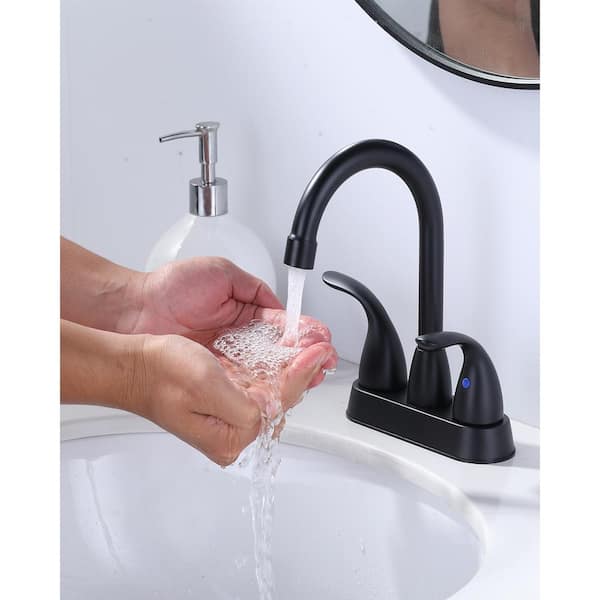 4 in. Center set Double-Handle High Arc Bathroom Faucet with Drain Kit Included in Matte Black