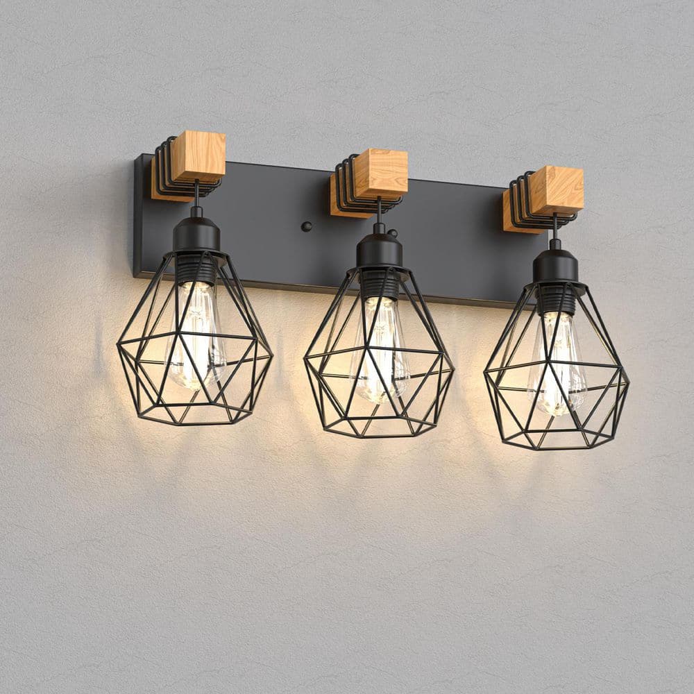 21 in. 3-Light Black Metal Wood Rustic Farmhouse Vanity Light, Bathroom Wall Sconce for Mirror or Dressing price history on PriceWatchPro