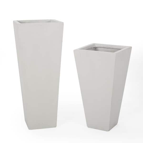 Noble House Ella Large and Small Matte White Concrete Outdoor Patio Planter Set (2-Pack)