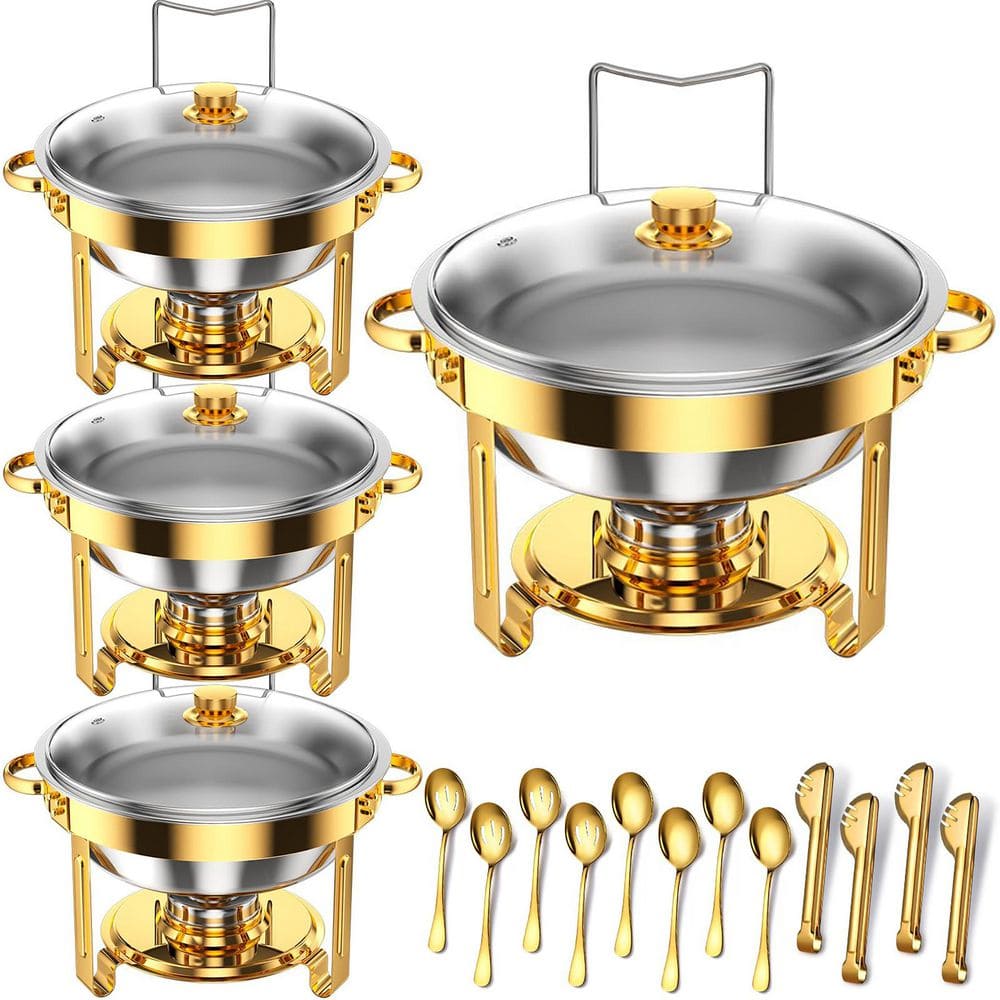 Chafing Dish Buffet Set 5 qt. Gold-Glass Stainless Steel Buffet Server with Rolled-Edge Design Food Warmer 4 Pack