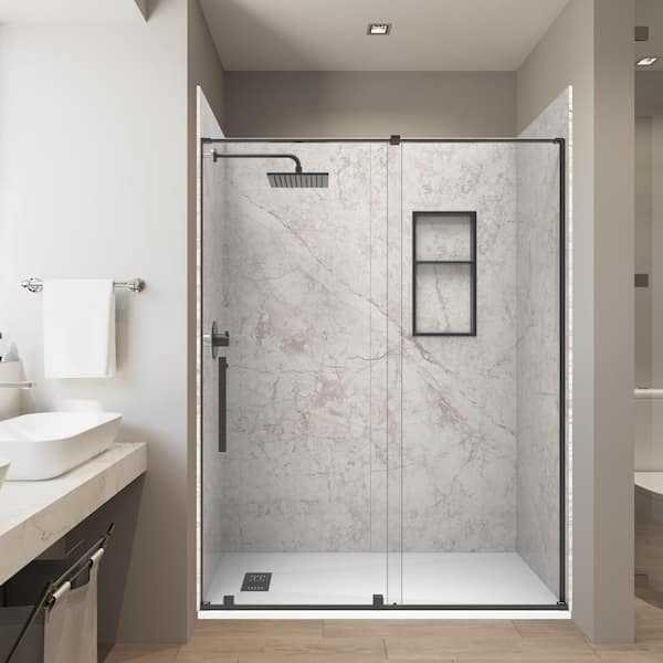 32 x 60x84 in. Solid Composite Stone Alcove Shower Insert Wall and Base Combo Kit,Nickel Door,Niche and Drain-Reversible