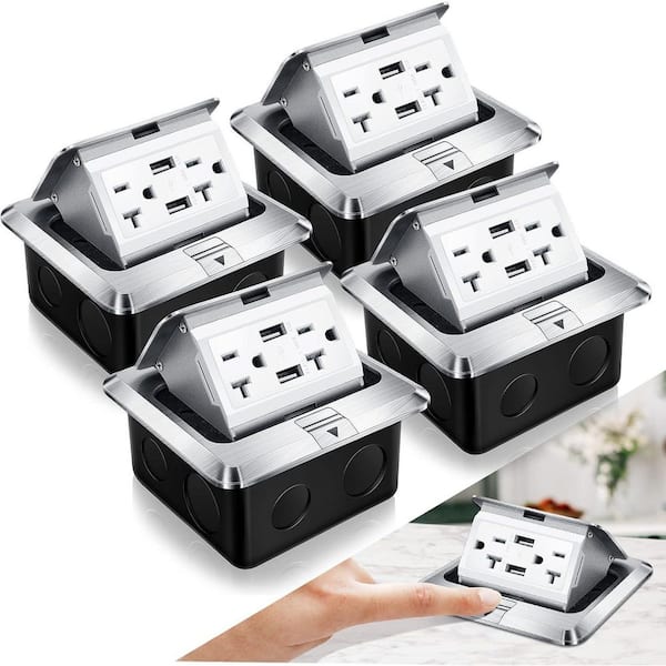 Silver 20A Weatherproof, Tamper Resistant Pop up Floor, Counter Top Outlet Kit with 2-Outlets. 2 USB-A Ports-(4-Pack)