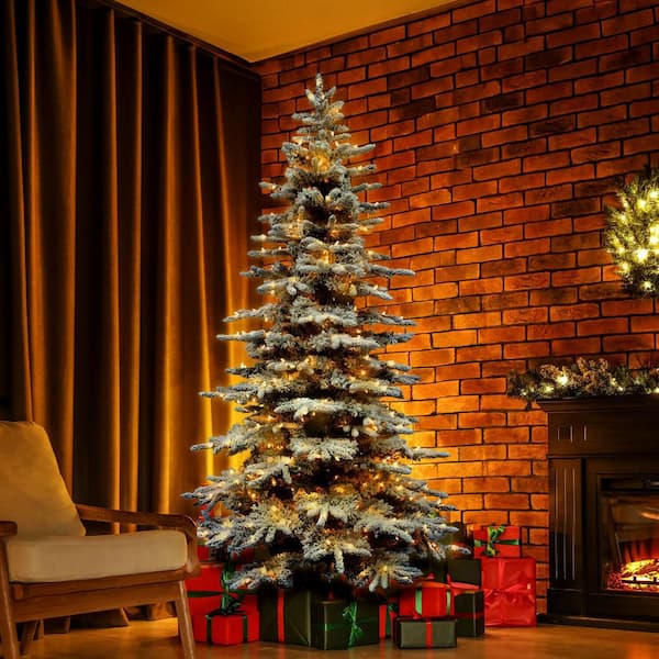 9.0-ft. Pre-Lit Mountain Pine Snow Flocked Artificial Christmas Tree, Warm White LED Lights