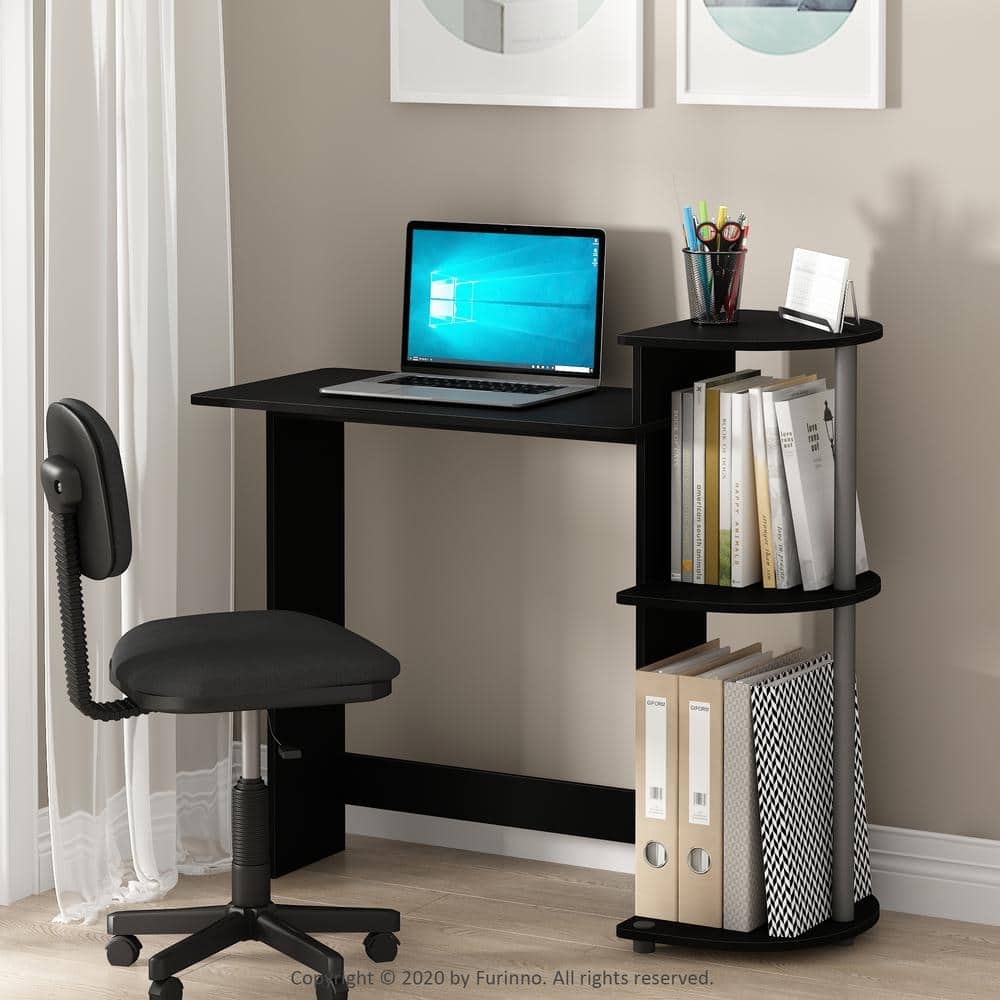 Black Wood Compact Computer Desk with Storage Shelves