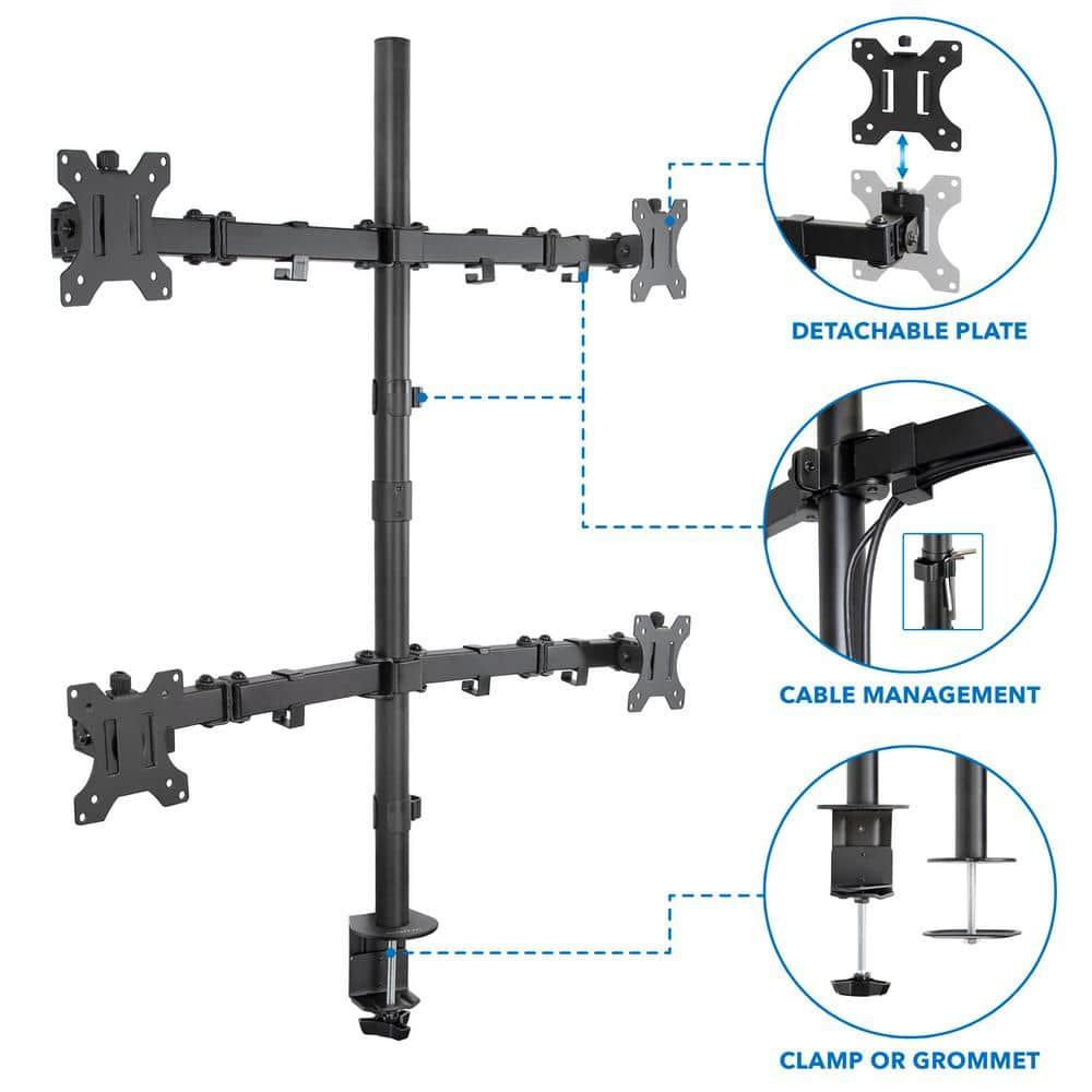 Black Steel Adjustable Quad Monitor Desk Mount