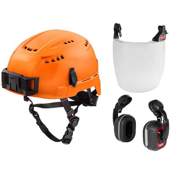Milwaukee BOLT Orange Type 2 Class C Vented Helmet Arborist Kit w/BOLT Fog Free Clear Full Face Shield and Ear Muffs