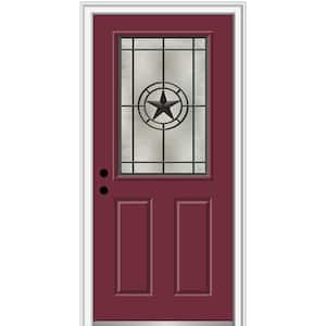 Elegant Star 32 in. x 80 in. Right-Hand/Inswing 1/2 Lite Decorative Glass Burgundy Painted Fiberglass Prehung Front Door
