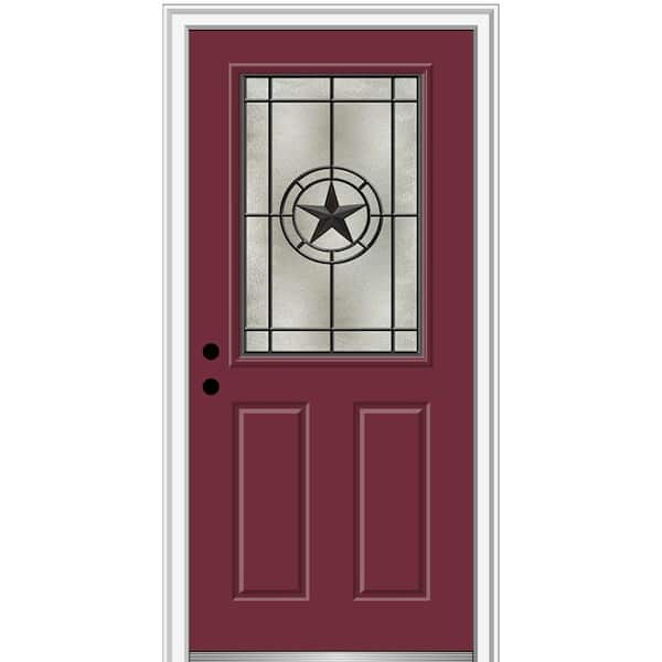 Elegant Star 32 in. x 80 in. Right-Hand/Inswing 1/2 Lite Decorative Glass Burgundy Painted Fiberglass Prehung Front Door