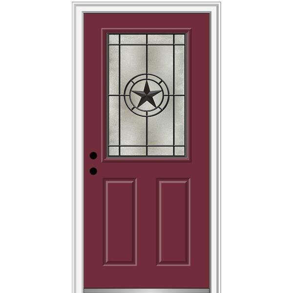 MMI Door Elegant Star 32 in. x 80 in. Right-Hand/Inswing 1/2 Lite Decorative Glass Burgundy Painted Fiberglass Prehung Front Door