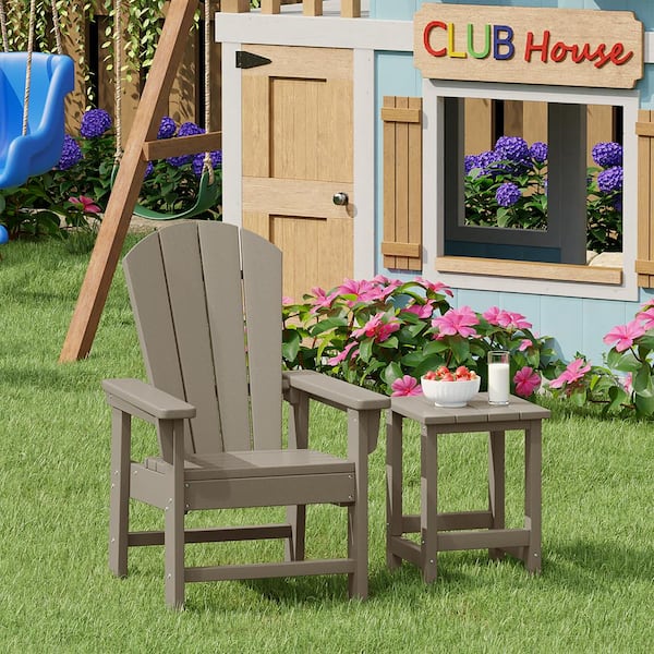 Children's Laguna Outdoor Patio All Weather Plastic Kids 2-Piece Adirondack Chair with Side Table in Weathered Wood