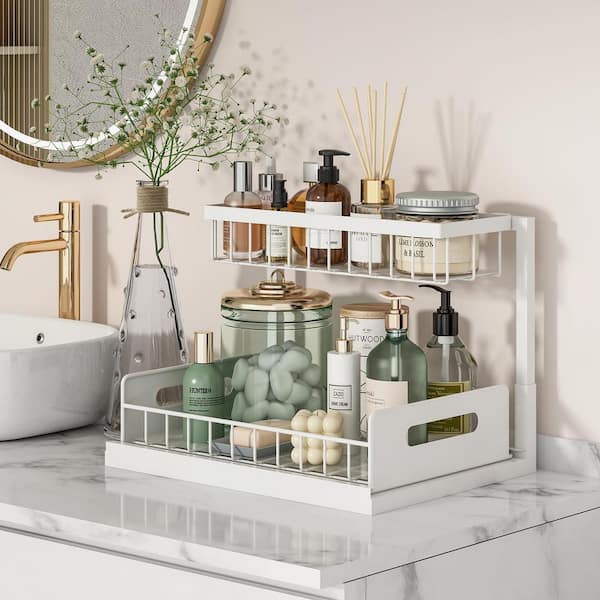 2-Pack White Under Sink Organizer, Pull Out Cabinet Organizer, 2-Tier Slide Out Sink Shelf Cabinet Storage Shelves
