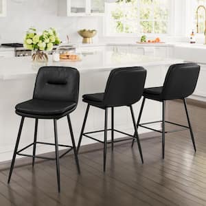 24 in. Modern Metal Frame Black Faux Leather Upholstered Counter Stools with Footrest Set of 3