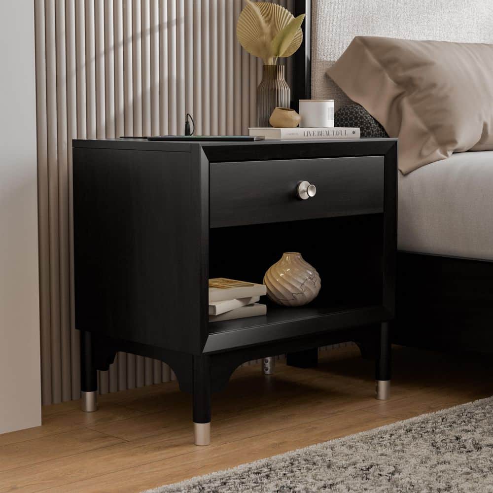 Forma Mid Century Black 1 Drawer 26 in. Nightstand With Touch Light