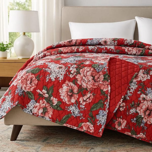 Milz Red Floral Print Cotton and Polyester Quilted Throw Blanket