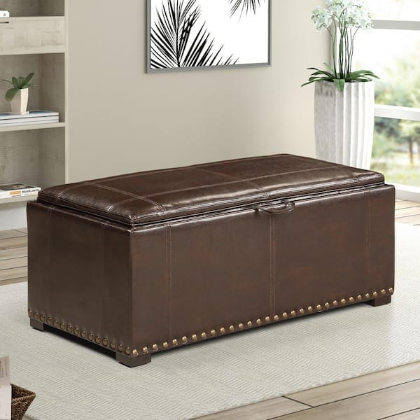 Ac Pacific Brown Leather Storage Bench, Leather Storage Chest
