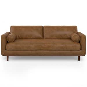 Morrison 89 in Straight Arm Genuine Leather Rectangle Mid-Century Modern Sofa in. Caramel Brown